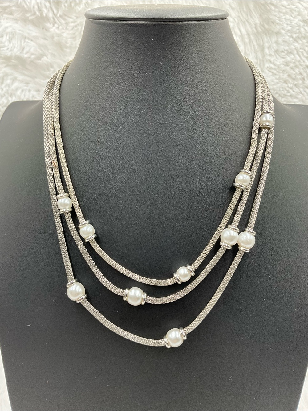 Multi-Strand Silver Tone Mesh Necklace with Faux Pearl Accents Adjustable